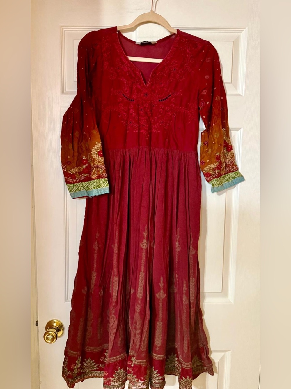 Long Sleeve Burgundy Embroidered Frock